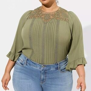 Torrid Olive Green Lace Crochet Yoke Ruffle 3/4 Sleeve Blouse Plus Size 0/12 NWT